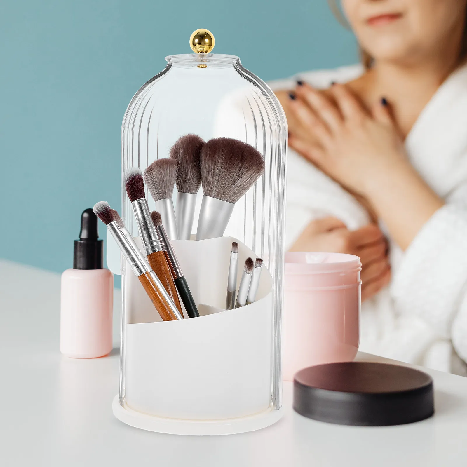 Rotation Makeup Brush Holder Desktop Storage Organizer for Vanity Bathroom Bedroom with Large Capacity Compartment Design Clear