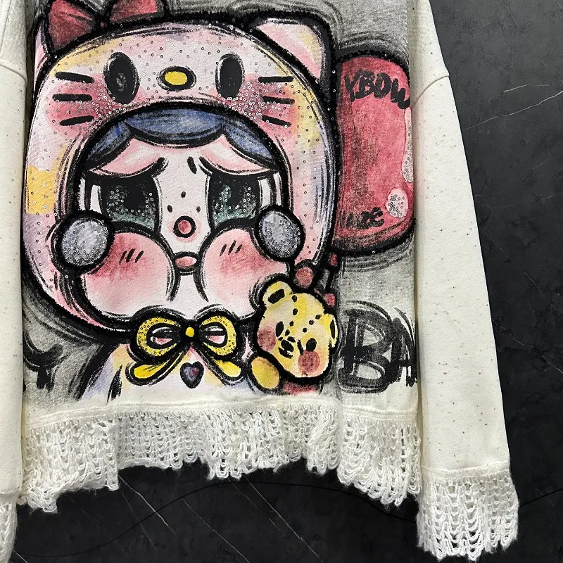 2025 Autumn New Cute Age-Reducing Cartoon Sequin Print Patchwork Crew Neck Sweatshirt For Women's Loose Casual Style Top Hoodies