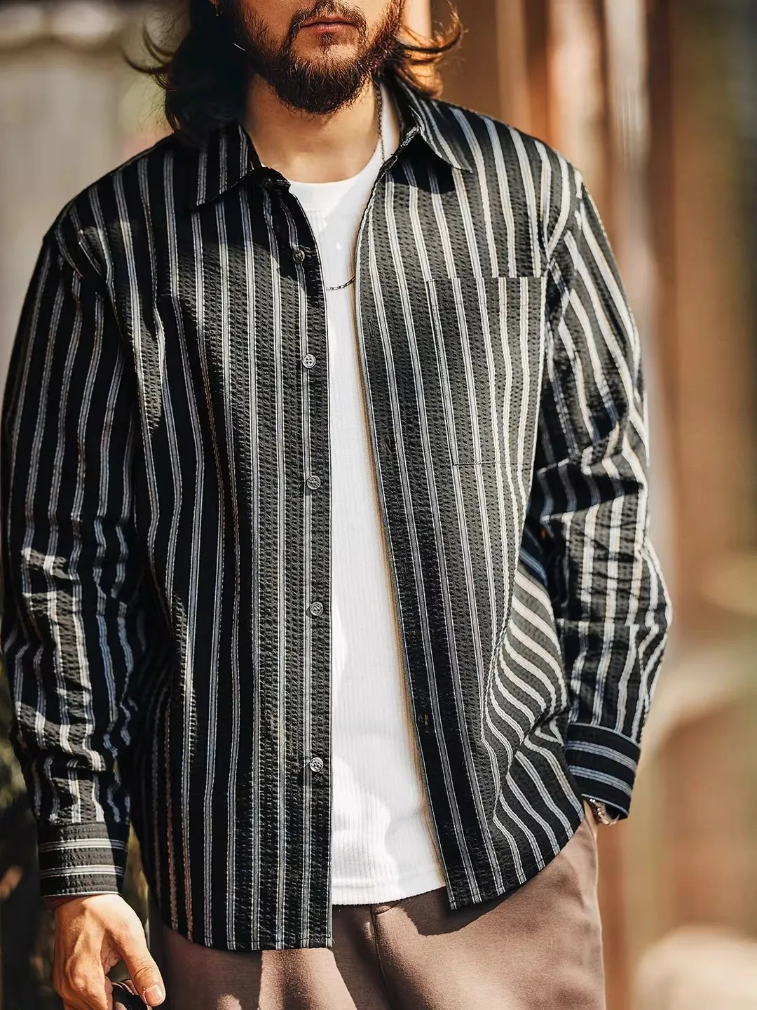 

Мужская рубашка большого размера в американском стиле с пузырчатой текстурой, длинным рукавом, в полоску, повседневная, весна-осень, новая, свободного кроя, дышащая, из хлопка