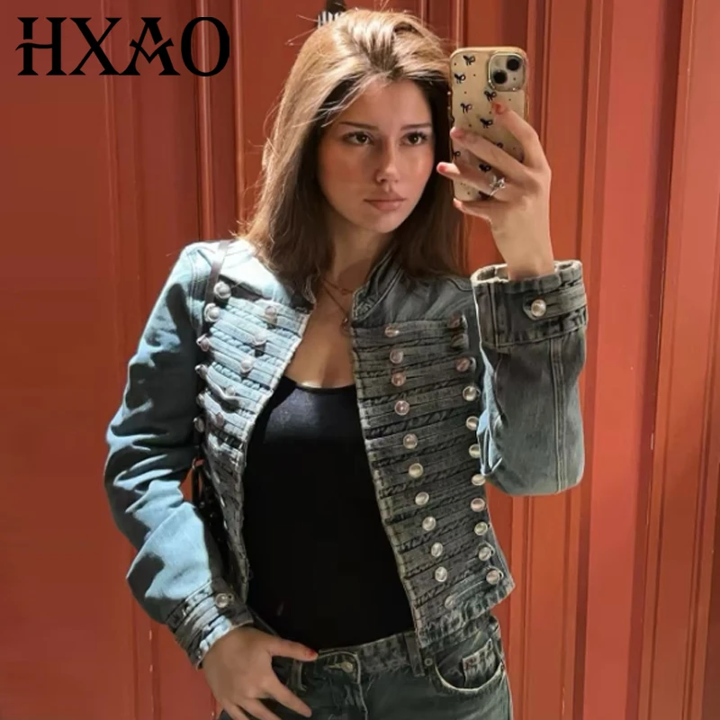 HXAO Crop-Jeansjacke für Damen, Demi-Season 2026, schicke blaue O-Neck Langarm-Oberteil, figurbetonte Jeans-Oberbekleidung für Frauen