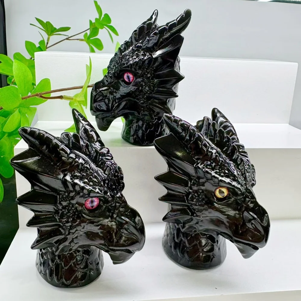 7.9cm Natural Black Obsidian Griffin Head Dragon Figurine Crystal Mythical Beast Statue With Inlaid Eyes Stone Desktop Ornament