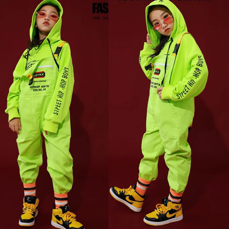 Costumes de danse jazz pour filles et garçons, vêtements de salle de Rh, vêtements hip hop pour enfants, sweat à capuche décontracté vert, bavoir Y-adt