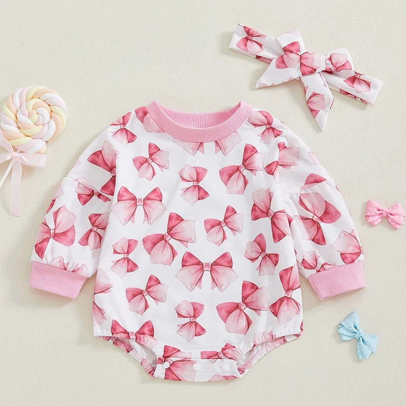 Baby Girls Sweatshirt Romper Bow Print Long Sleeve Round Neck Jumpsuits Headband Cute 2-Piece Spring Fall Outfits