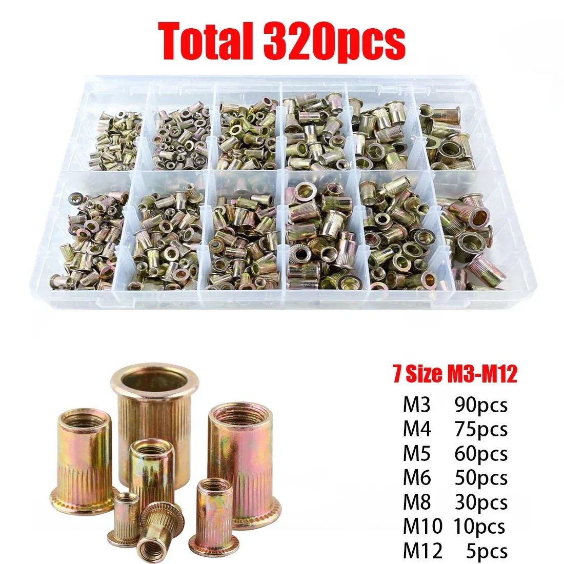 320Pcs Rivet Nuts Kit Flat Head Insert Nutsert Rivnuts Assortment Set Threaded Insert Nutserts Assort, M3-M12 bolts and nuts