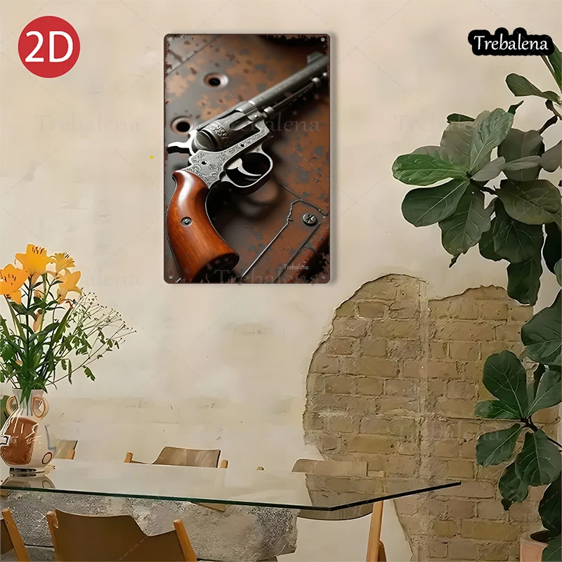 1 peça 2d plano 8*12 polegadas sinal de metal revólver vintage em metal enferrujado arte estilo ocidental