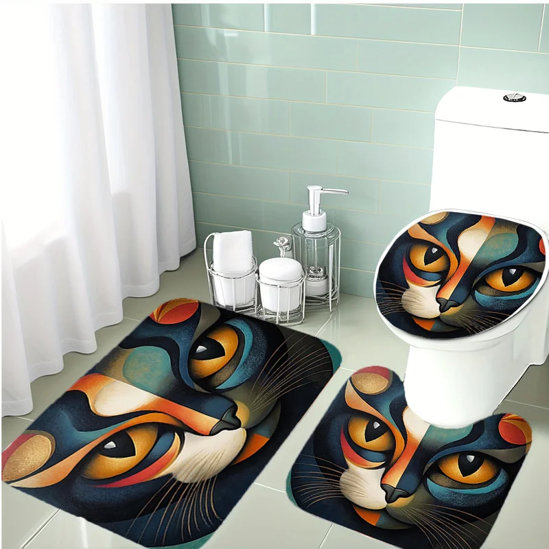 

"Cat Eye" Bathroom Set – 3-Piece Non-Slip Mat, Toilet Lid Cover & U-Shaped Rug (Deep Blue & Orange, Machine Washable)