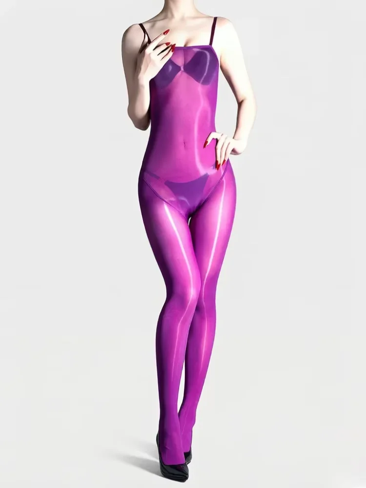 

Women Thin 5D 912 Pin Oil Shiny Glossy Bodysuit Strap Jumpsuit Seamless Sheer See Through Tights Yoga Shaping Maid Club Leotard