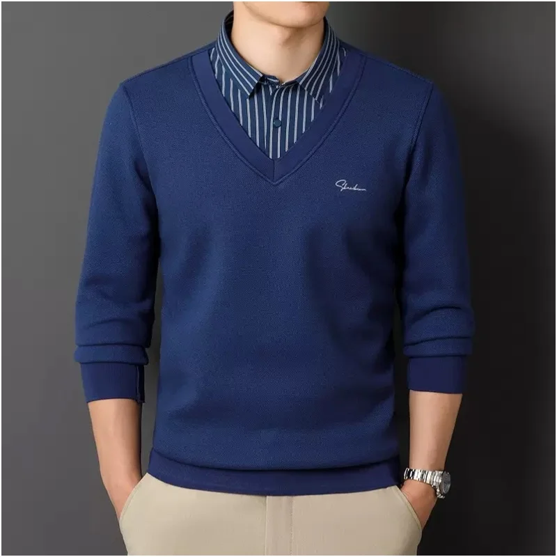 

Новинка 2023 года, мужские зимние теплые рубашки с длинными рукавами, топы с отложным воротником, две плюшевые рубашки, деловой повседневный базовый вязаный свитер