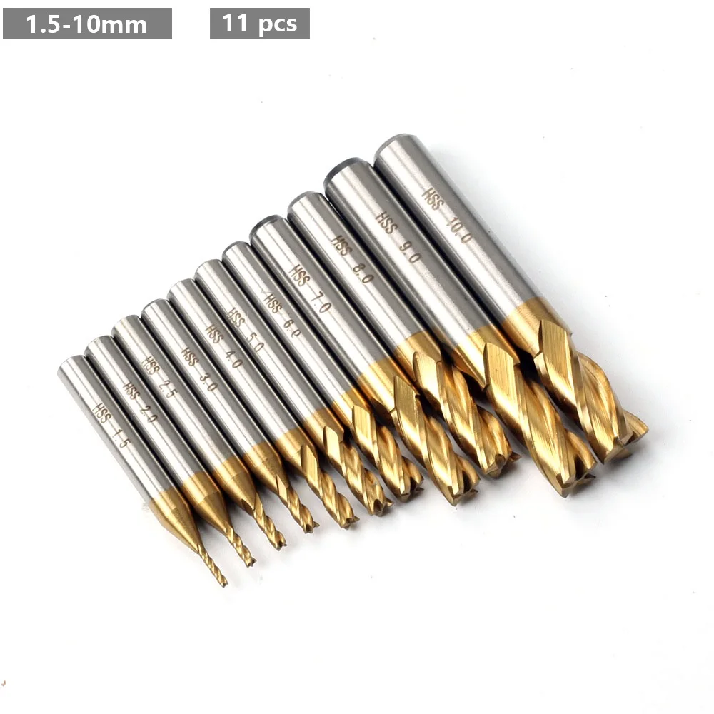 

7PCS/11PCS Wood Milling Cutter 1.5-10mm CNC Router Bit Titanium HSS 4 Flutes Straight End Mill for Metal Engraving Milling Tools