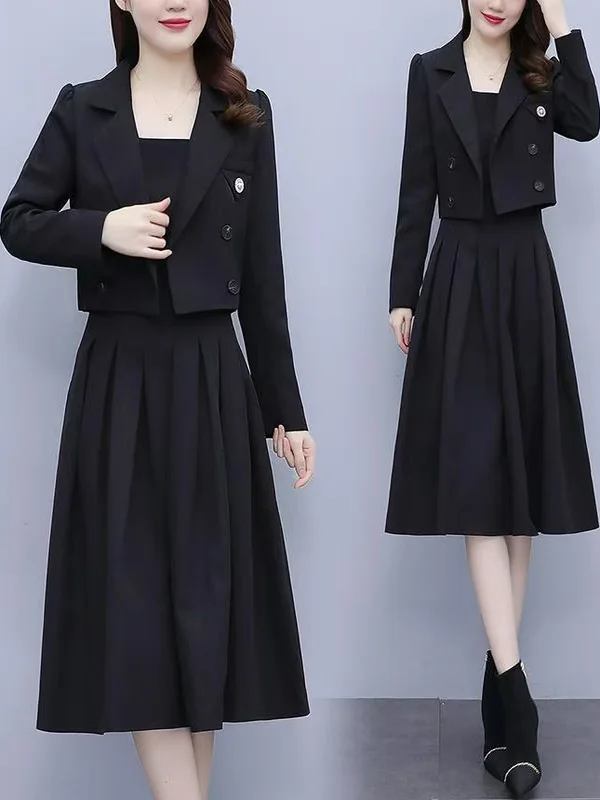 

Комплект для полных женщин: весенне-осенний костюм с топом на бретелях, утягивающий комплект из двух предметов, корейский стиль, юбка А-силуэта с высокой талией