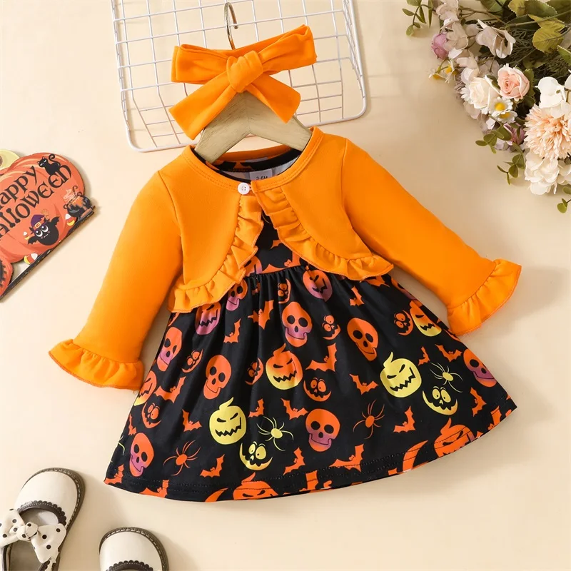 Conjunto de Halloween de 3 piezas para niña, abrigo de manga larga con volantes, vestido sin mangas con estampado de murciélago de calabaza, diadema, trajes