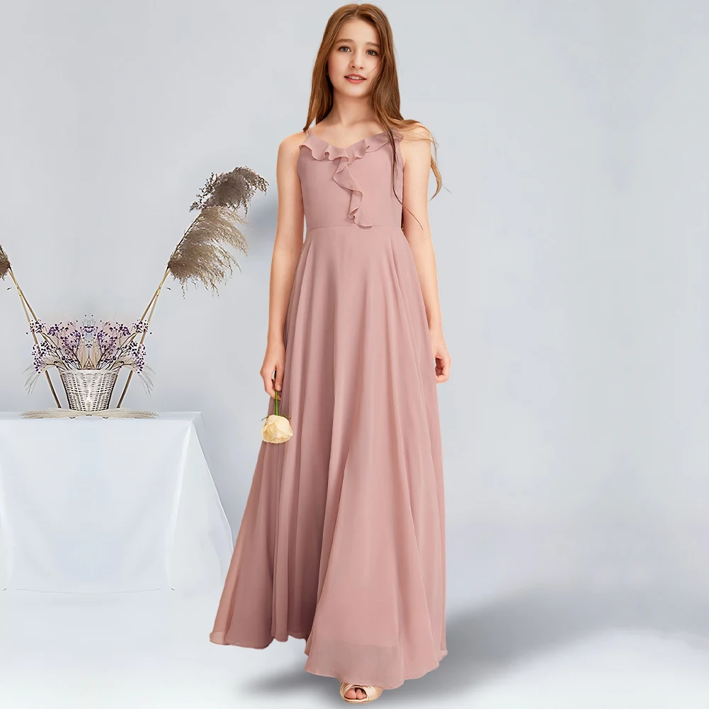 Chic Dusty Rose A-Line V-Neck Chiffon Floor-Length Junior Bridesmaid Dress Elegant Flower Girl Gown for Wedding Party Teens