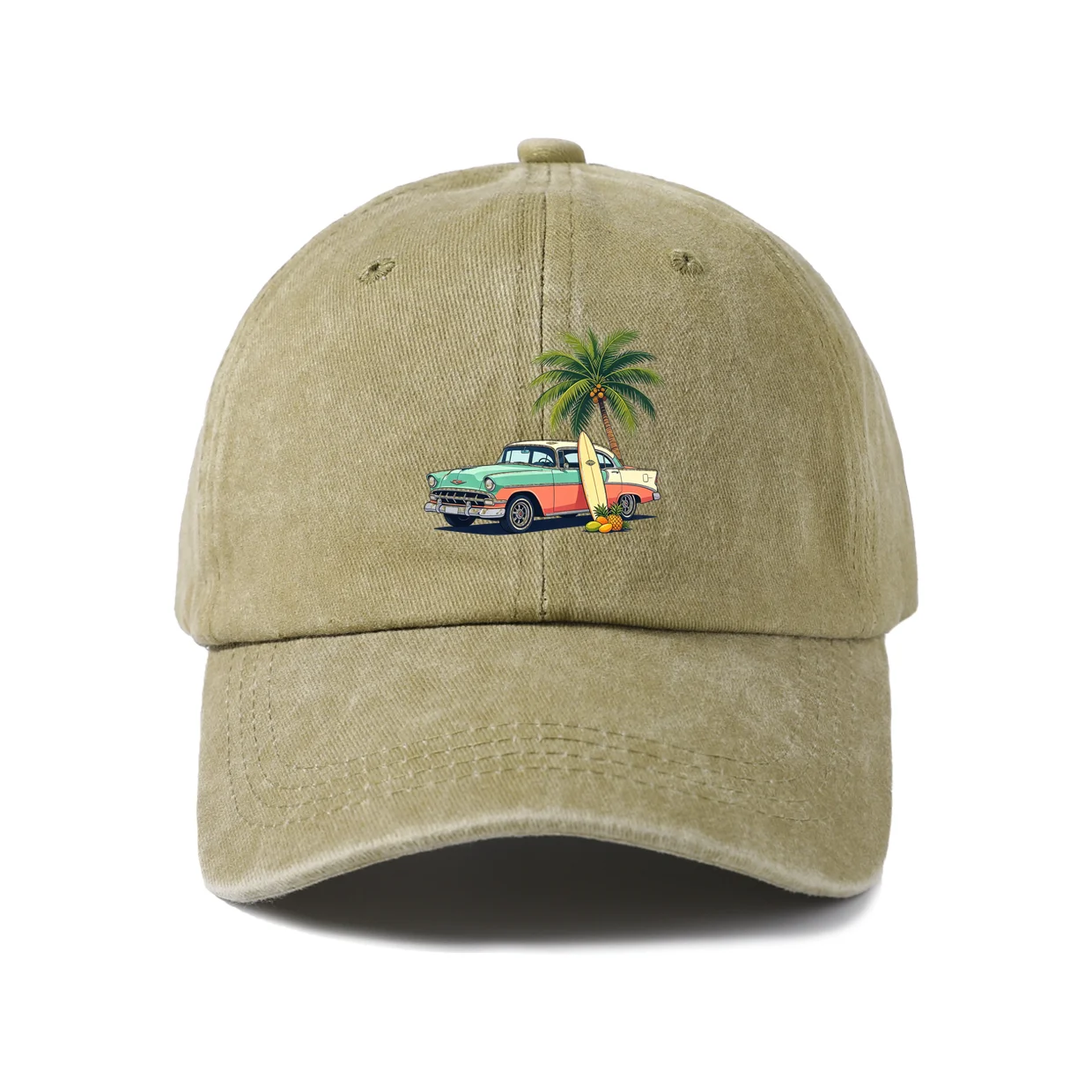 Tropical Island Graphic Baseball Cap, Vintage Washed Adjustable Unisex Dad Hat, Everyday Gift