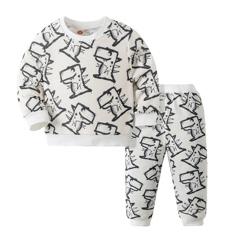 

BeQeuewll Baby Boy 2Pcs Fall Outfits Long Sleeve Dinosaur Graphic Sweatshirt And Pants Set Toddler Clothes For 1-6 Years