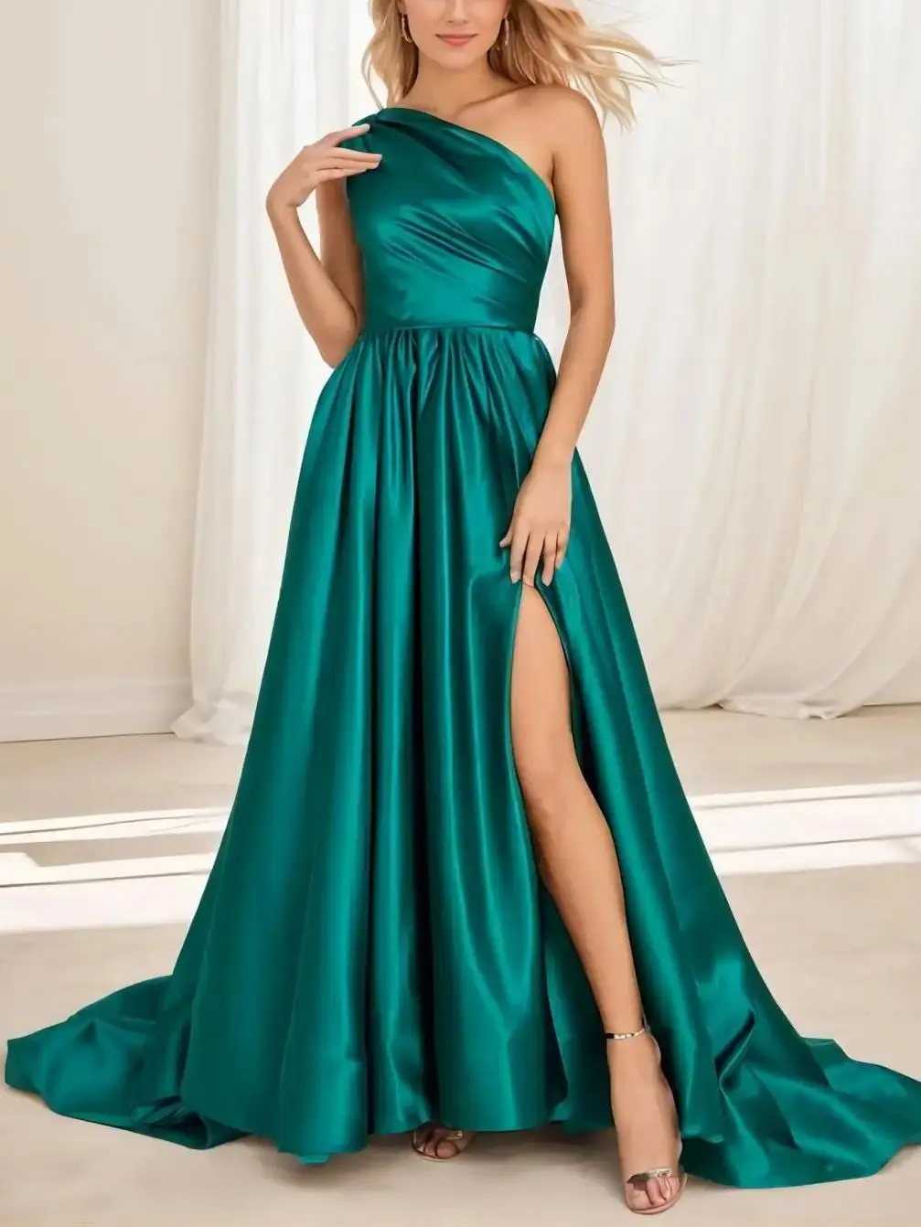 

Elegant A-Line Prom Evening Dress One Shoulder Sleeveless Satin Appliques Sweep Train Wedding Guest Dress 2025 free customized