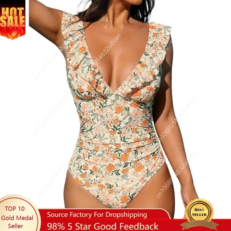 Women's Ruffled One Piece Swimsuit V Neck Lace Up