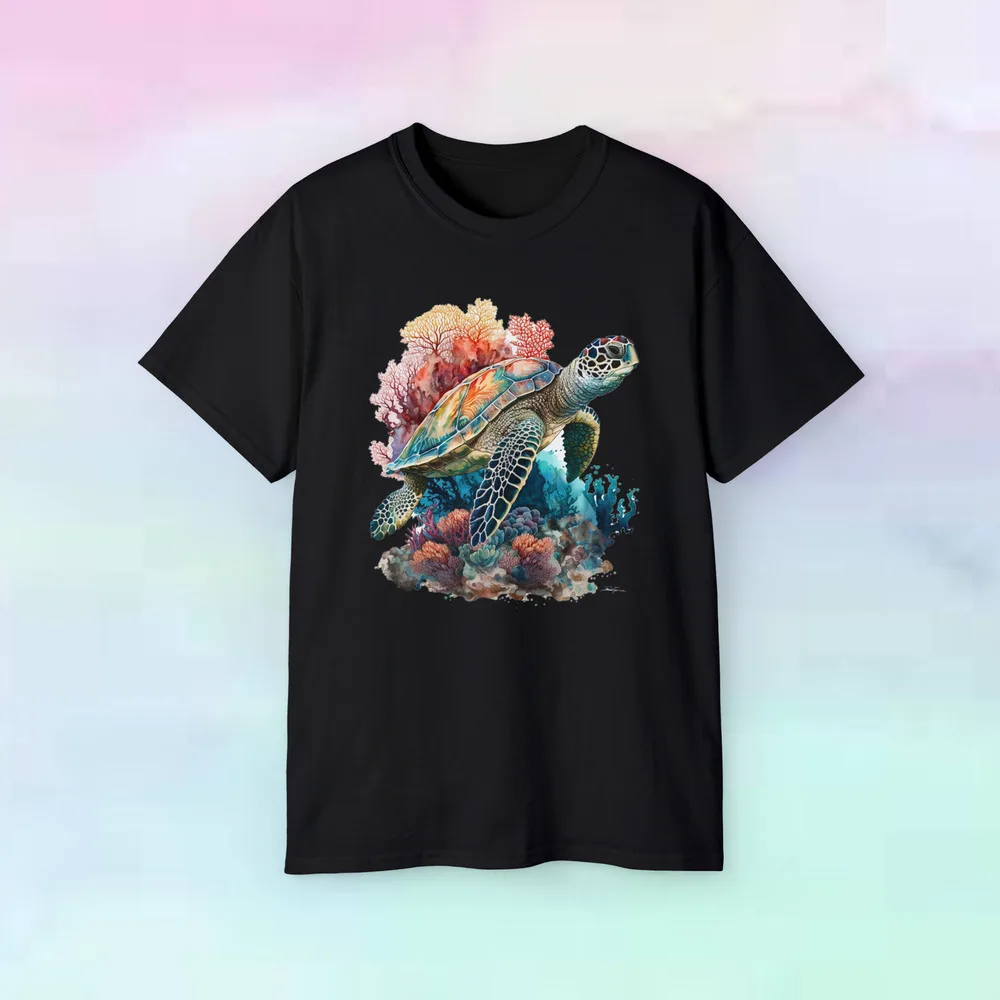 Colorful Sea Turtle Swimming On A Coral Reef Unisex Cotton TeeHigh Quality 100%Cotton Short Sleeve