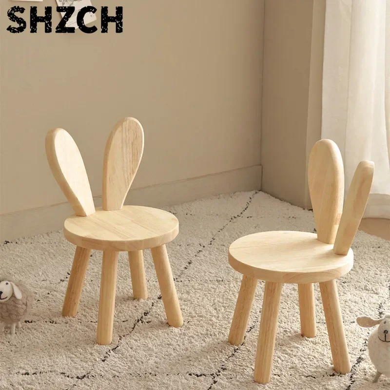 Silla de madera maciza para niños, respaldo de conejo para el hogar, zapato pequeño l, taburete bajo de madera maciza, taburete