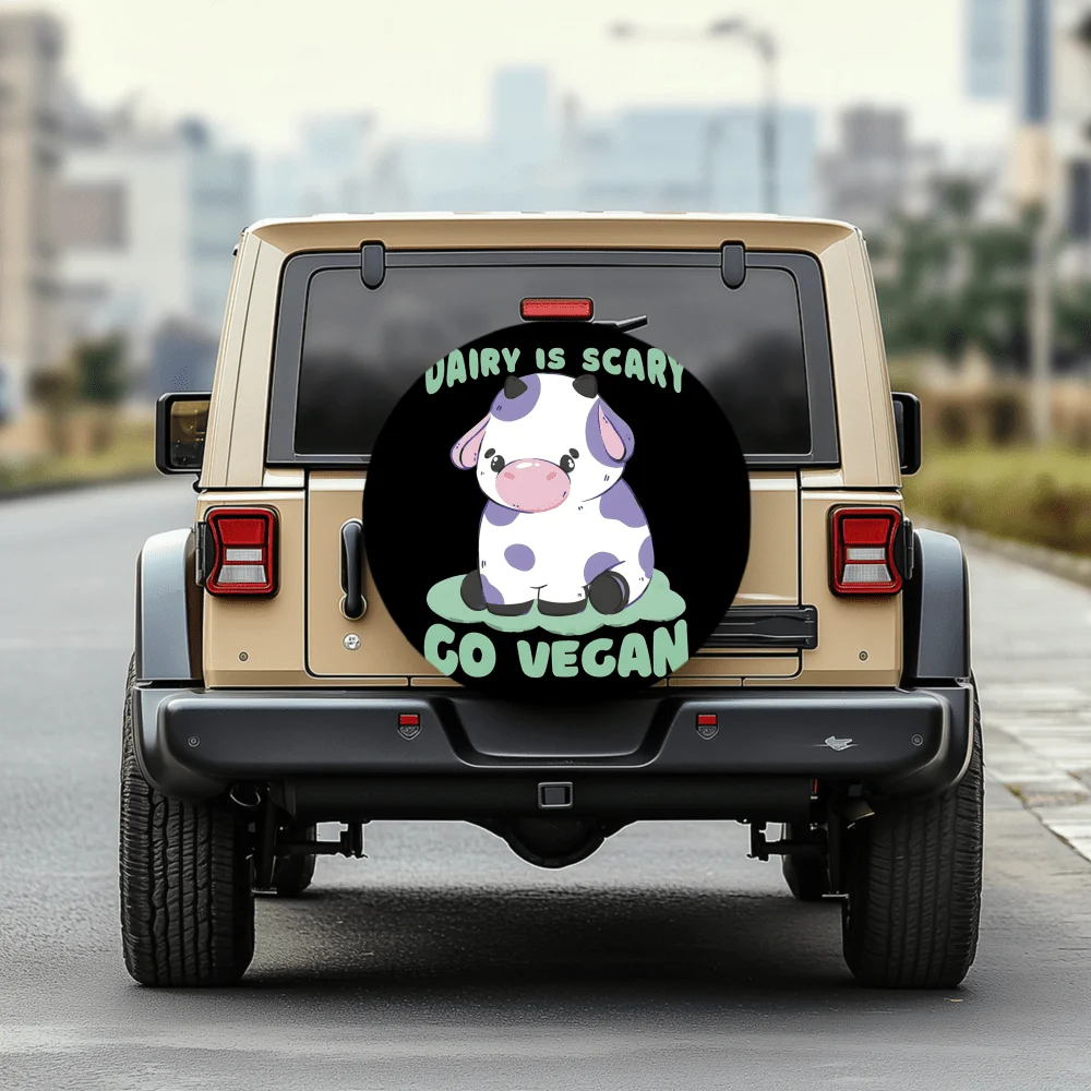 Cute Vegetarian Cow Pattern 30/34 Inch Multi-Functional Tire Cover, Suitable For Jeep, Trailer, RV, Off-Road Vehicle, Truck, Cam