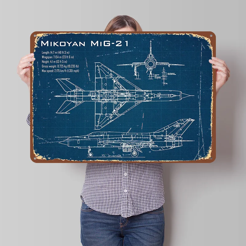 Mig 21 Aircraft Printed Poster Customized Wall Art Retro Vintage Metal Tin Signs for Home Bedroom Decoration Gaming Desk Decor