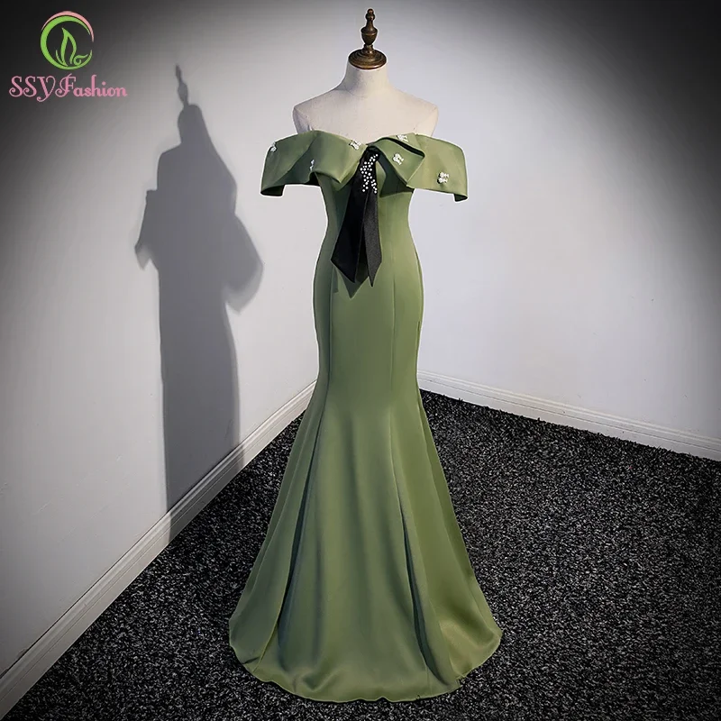 Customized Satin Mermaid Evening Dress for Women Avocado Green Boat Neck Slim Sexy Fishtail Formal Party Gowns Vestido De Festa