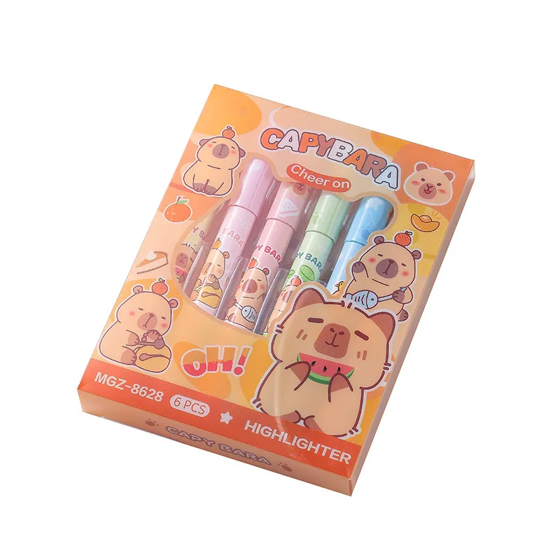 6Pcs Kapibara Highlighter Cartoon Capybara High-Value Eye Protection Colorful Journal Pen Student Highlight Marker Pen