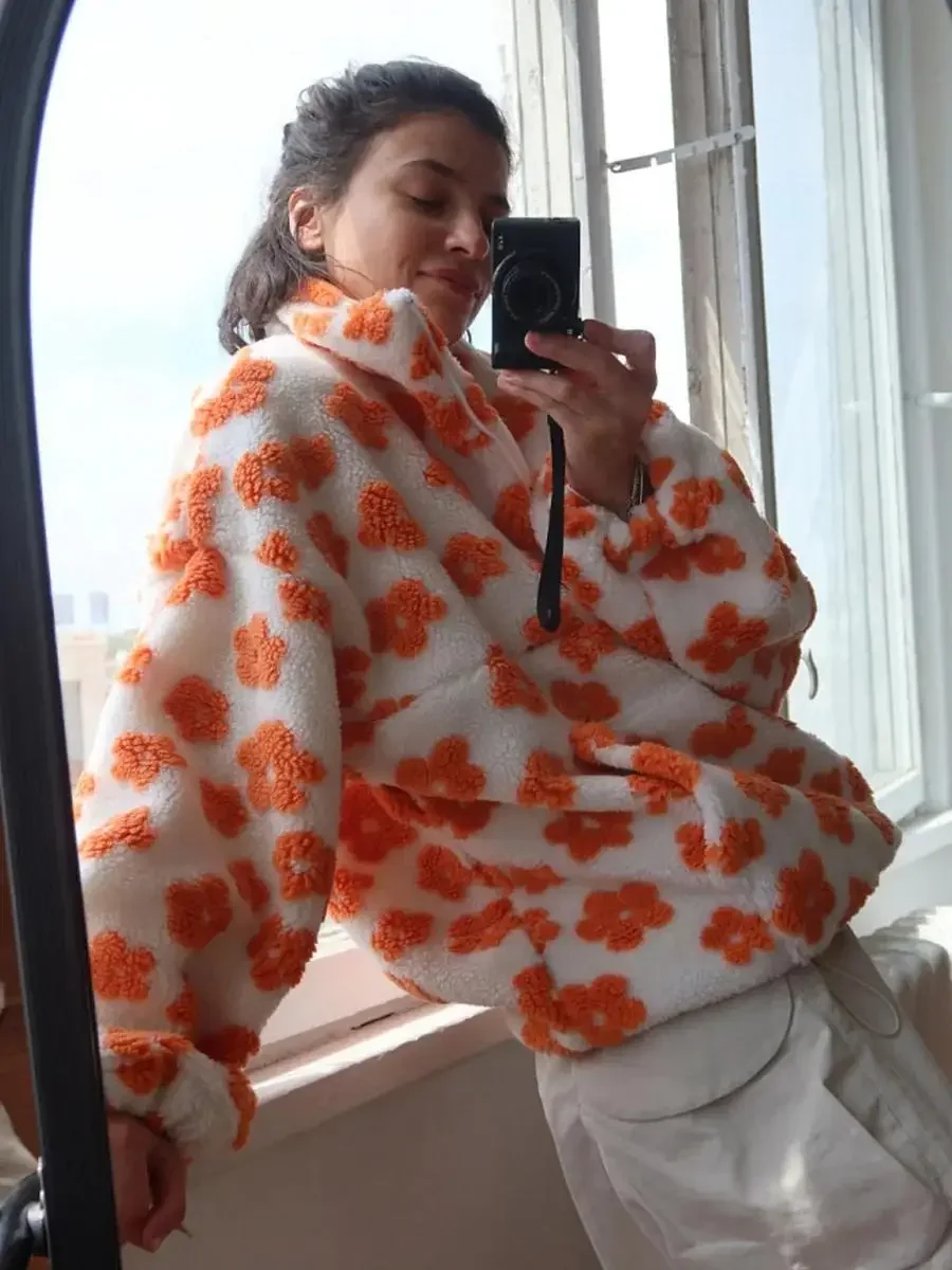 Damska bluza z polaru sherpa na jesień i zimę, z kwiatowym wzorem, gruba, z kapturem, zapinana na pół-zamek, styl golf, luźny krój, ciepła, stylowa, nowa bluza.