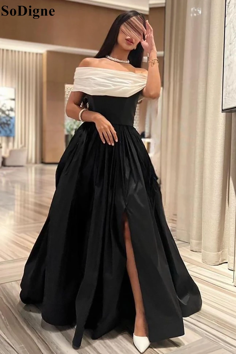 SoDigne Black and White Evening Dresses A-Line Off Shoulder Pleated Side Slit Party Dress Watteau Train Prom Gowns for Women