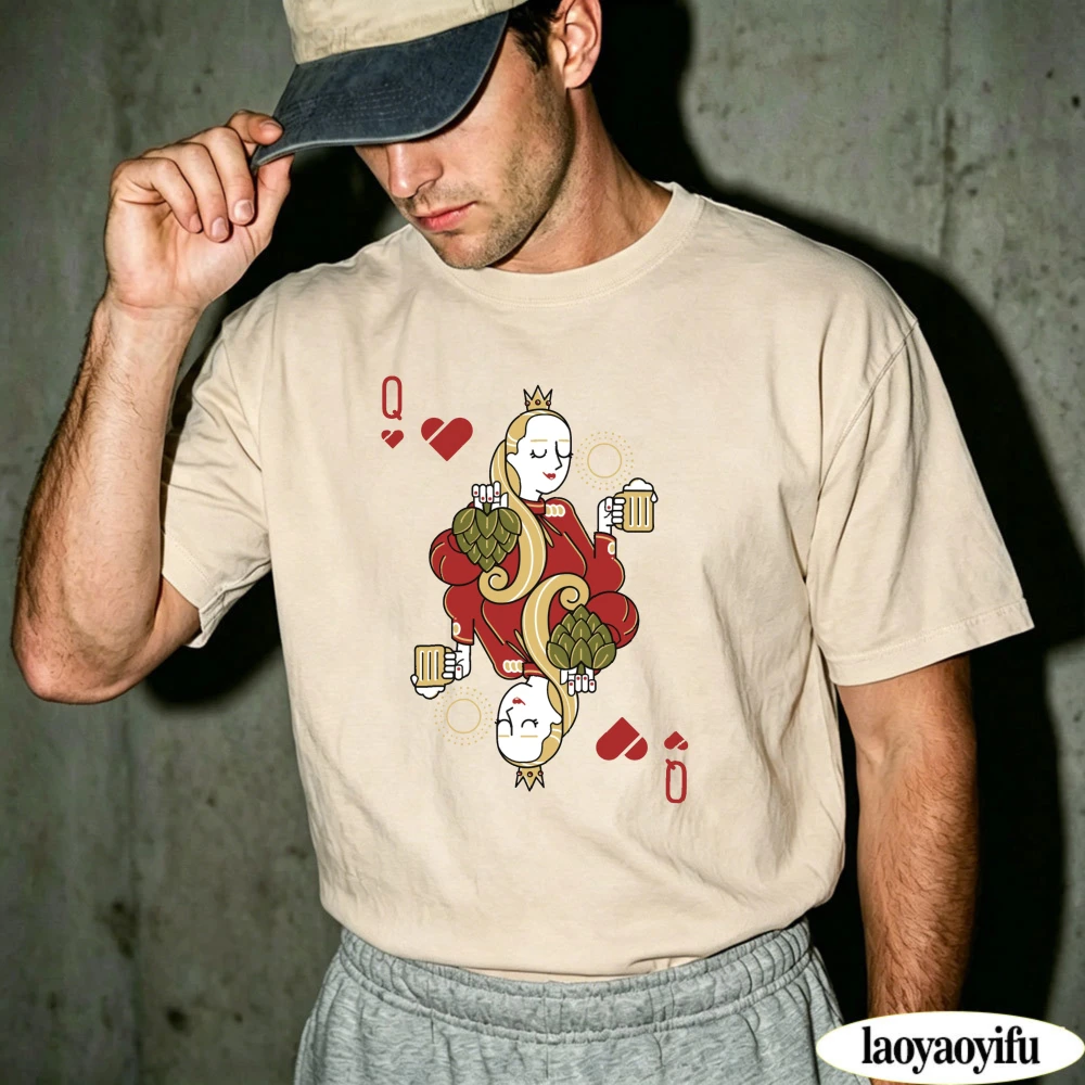 Queen of Hearts Playing Card Beer Hop Craft Beer Graphic T Shirt Vintage Poker Beer Lover Pub Party Gift Tops for Brewery Fans