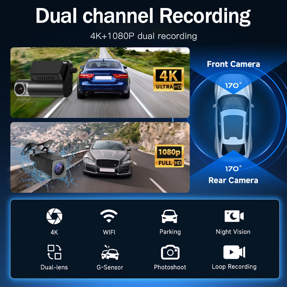 2 Channel  Dash Cam 4K Recording Car DVR Camera for Dash Cam Night Vision Video Recorder Built-In Wi-Fi 24H Parking Monitor