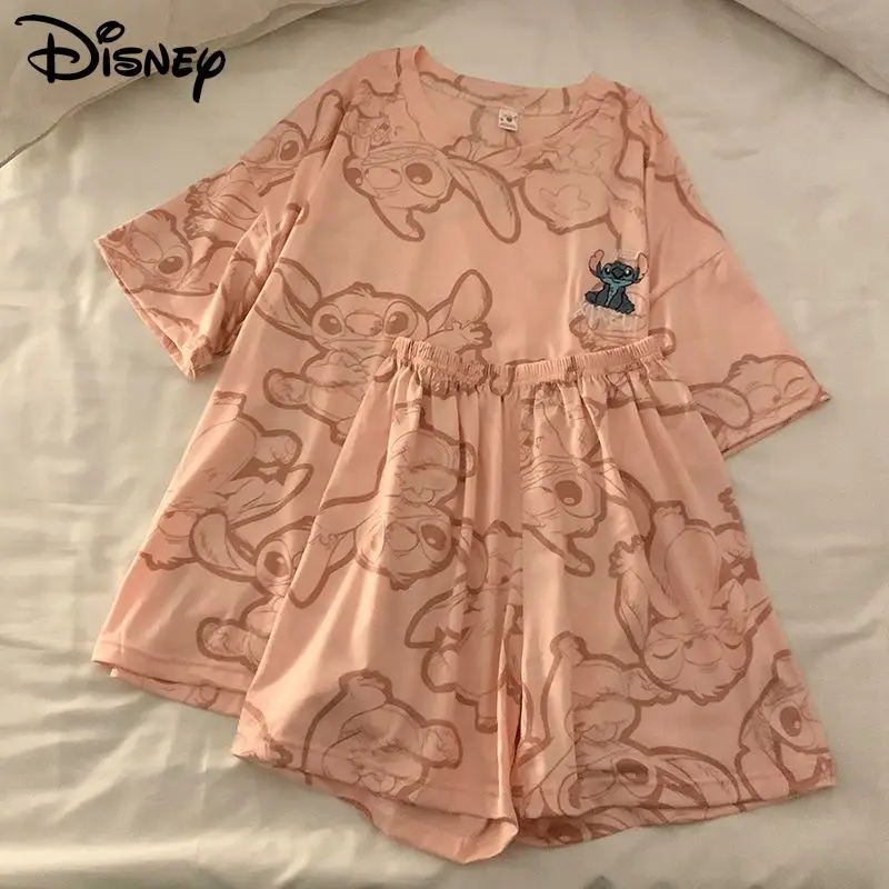 Disney Cartoon Stitch Summer Short Sleeve T-shirt Shorts Matching Pajamas Suit Women Sleepwear 2 Piece Set Y2k Cute Home Clothes