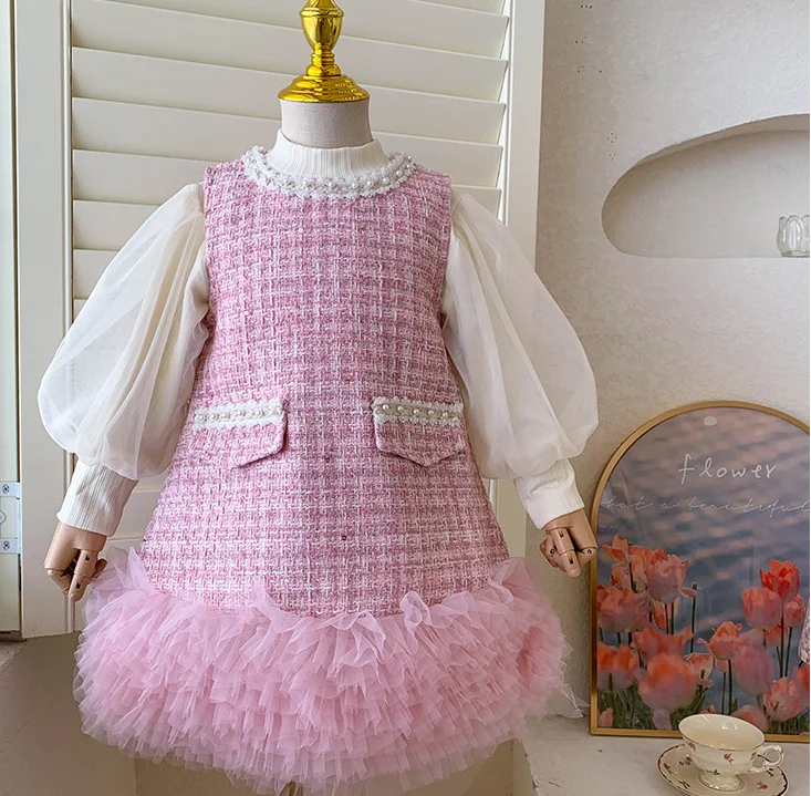 

New Baby Girls Fall Boutique Fashion Sets Vest Mesh Dress + Long Sleeve Underwear Princess Elegant Suits 2-6T