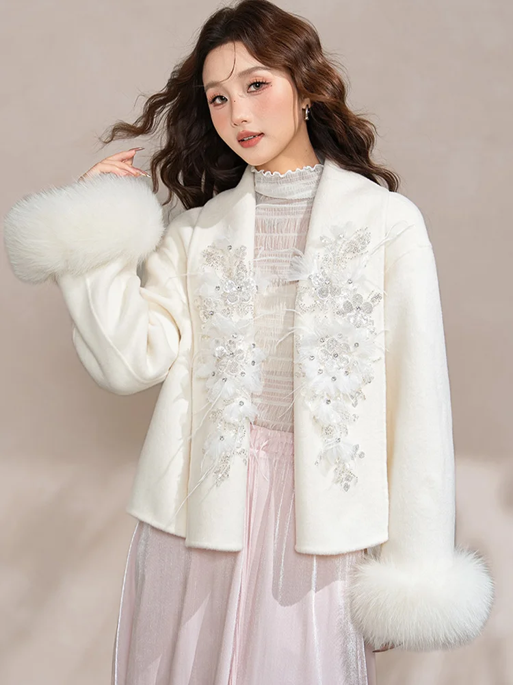 เสื้อโค้ทขนสุนัขจิ้งจอกแท้สำหรับผู้หญิง ฤดูหนาว ปี 2025  ผ้าขนสัตว์แคชเมียร์  ปักลาย  เสื้อคลุม