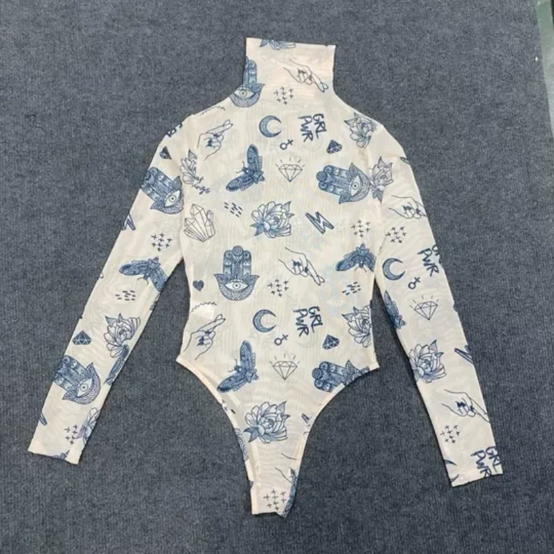 

Pattern Printed Autumn Sexy Women Clothing European American High Neck Pullover Long Sleeved Tight Slightly Transparent Bodysuit