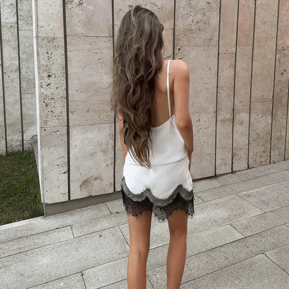 Blifanbo Mini abito patchwork in pizzo con cinturino per spaghetti per donna Scollo a V senza maniche Backless Sexy a vita alta Elegante abito da festa da club