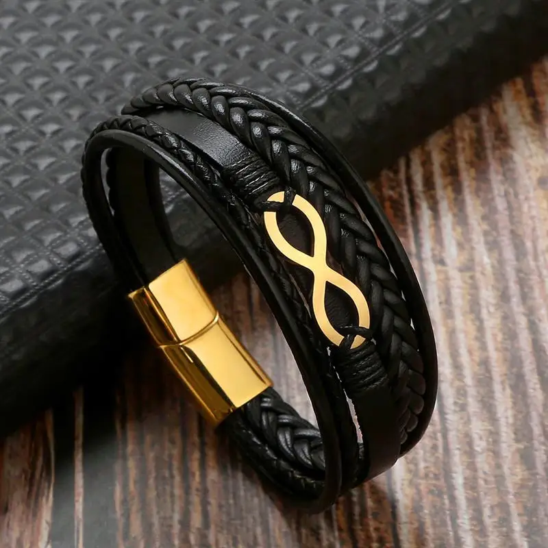 Multi-Layer Men Leather Bracelet Stainless Steel Infinity Symbol Charm Fashion Classic Bracelets for Men Jewelry Gift