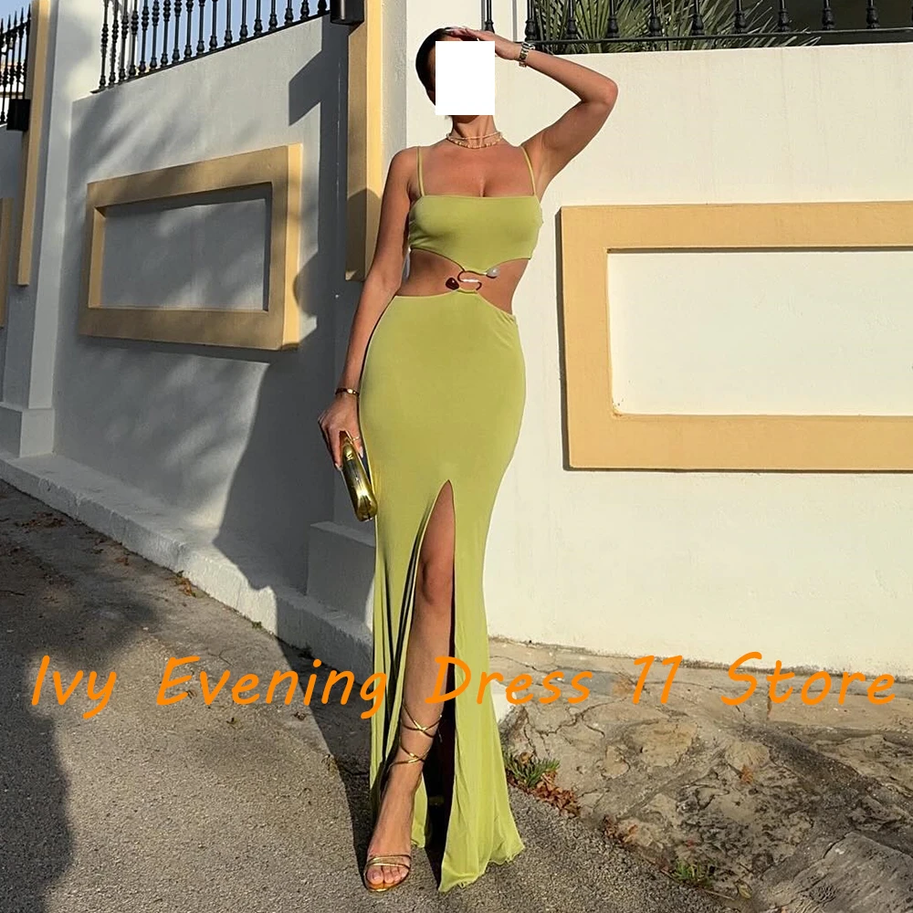 ที่กําหนดเองอารมณ์สปาเก็ตตี้สายรัด JERSEY ชุดราตรี Modern Square COLLAR แขนกุดตรงความยาวชั้น PARTY DRESS