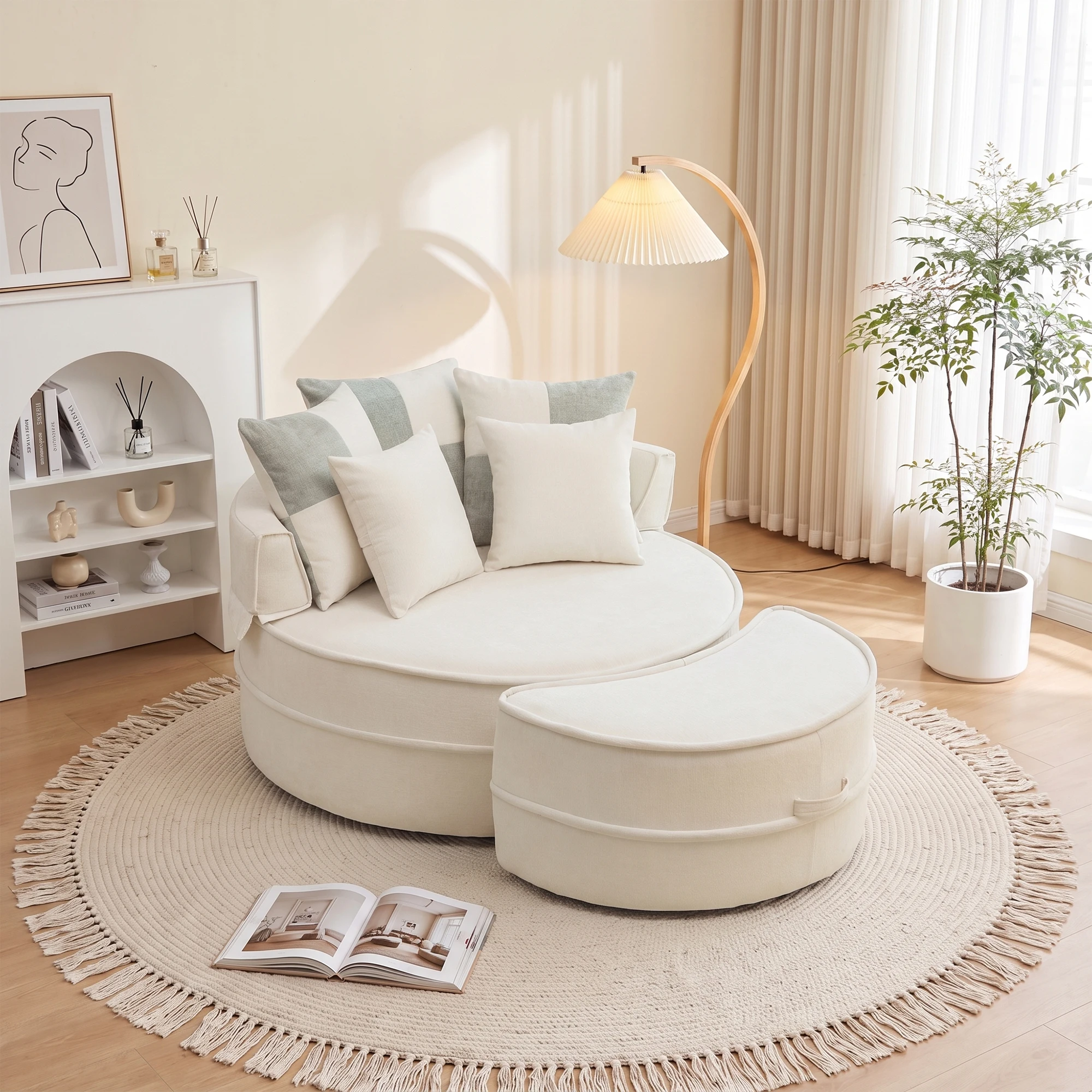 Chaise longue ronde surdimensionnée avec ottoman et 5 coussins - Tissu chenille, mousse haute densité 35D, aucun assemblage requis, housses lavables, beige pour salon et chambre à coucher