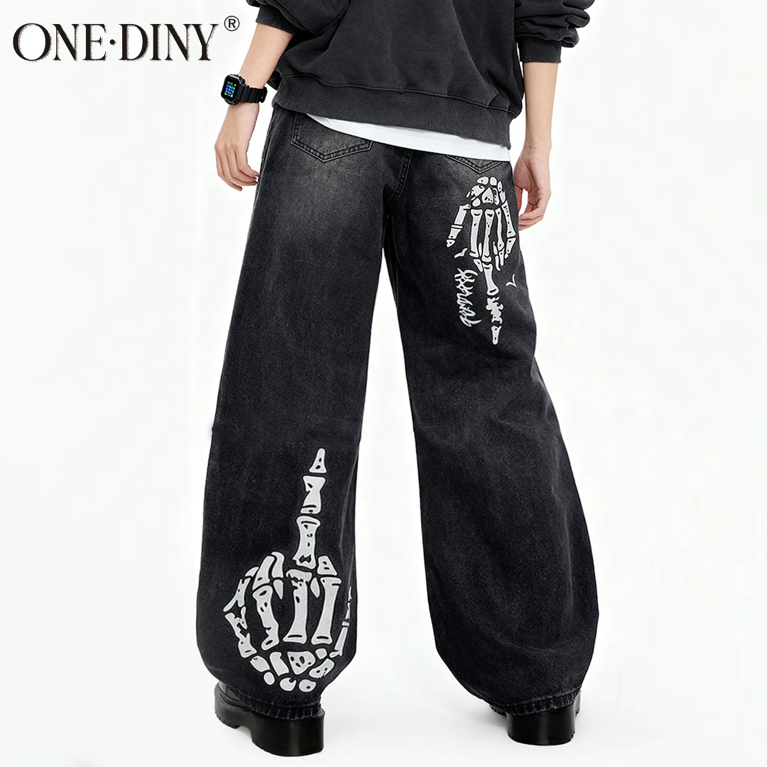 ONE·DINY American Retro Anime Pattern Printed Baggy Men's Jeans Black Street Style Washed Straight Leg Denim Pants Halloween