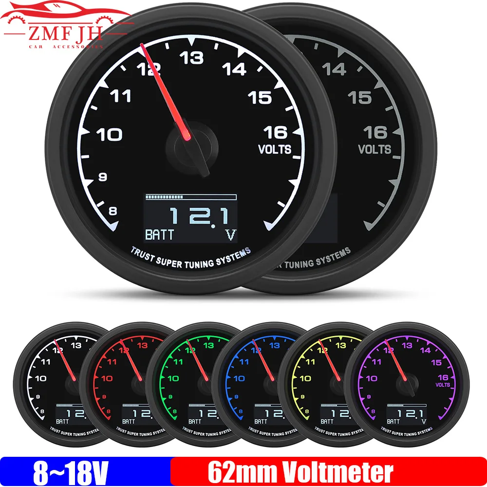 8~18V Voltage 2.5inch 62mm Voltmeter with Bracket Holder 7 Color Backlight VOLT Meter for Gasoline Engine Auto Car 12V