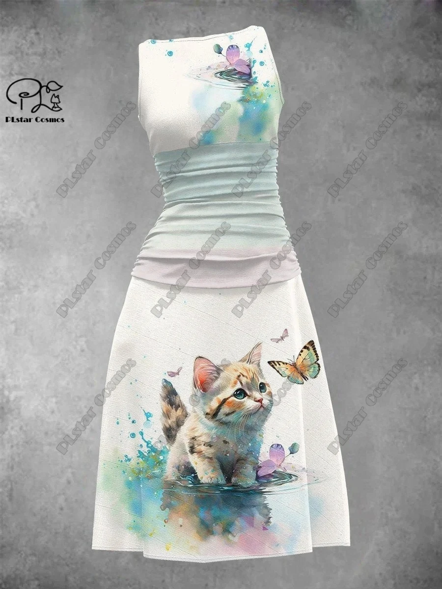 PLstar Cosmos 3D printing new cute owl kitten catching butterfly pattern vest dress series for yourself and friends