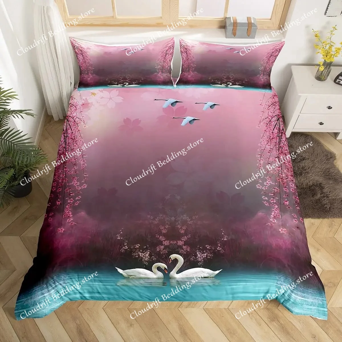 

Romantic Swan Duvet Cover Set King Wild Animal Comforter Cover Butterfly Floral Bedding Set For Valentine's Day Wedding Decor