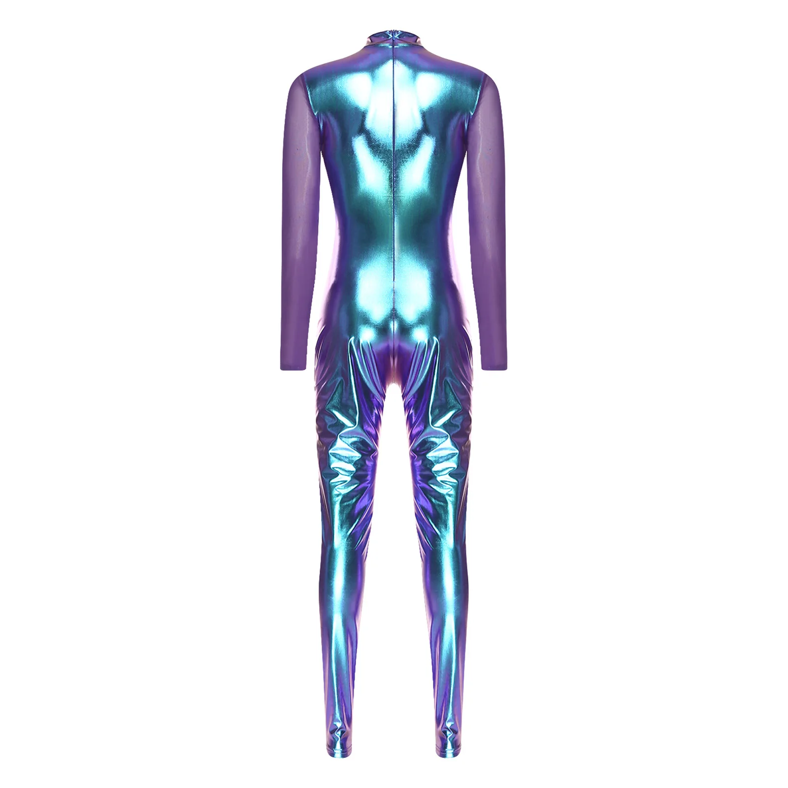 Mono metálico brillante para mujer, peleles de cuerpo entero de manga larga con retazos de malla transparente, traje de gato para Fiesta Disco y Club