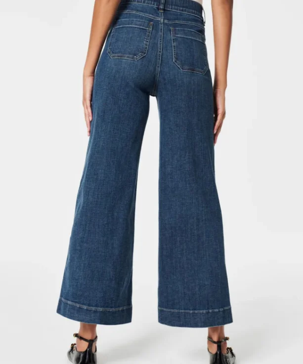 Dżinsy z wysokim stanem i przednimi kieszeniami, dżinsy z szerokimi nogawkami i marszczeniem na brzuch, dżinsy z kontrolą brzucha, dżinsy cropped.