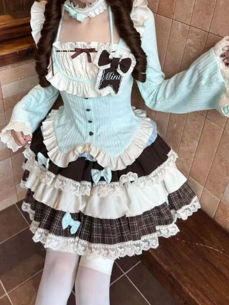Dulce japonés encantador JK conjunto de 2 piezas mujeres lindo arco Tops + falda esponjosa costura Harajuku Hada Lolita trajes 2025 otoño 2025