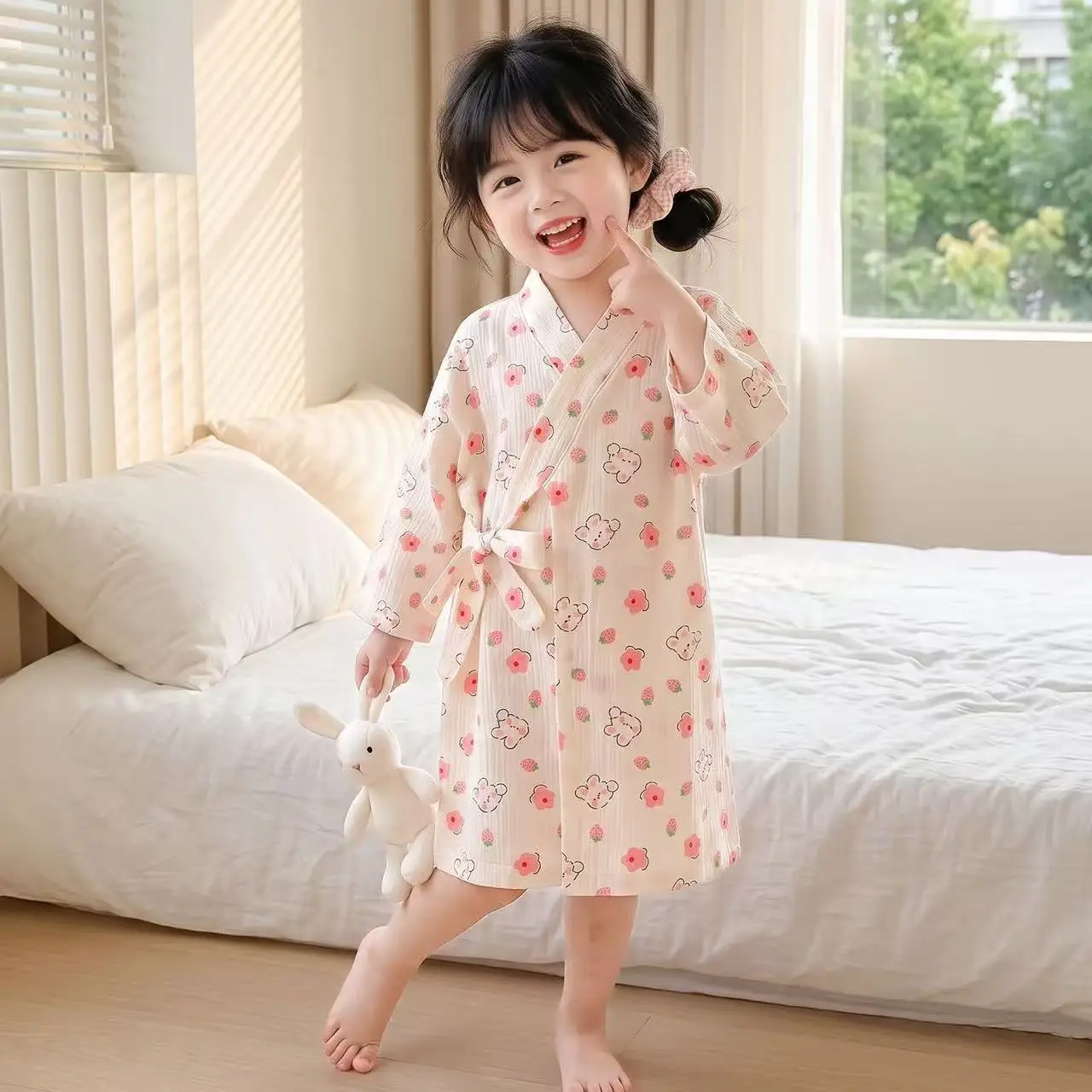 Spring Autumn Stylish Muslin Bathrobe For Toddler Baby Girls Soft Kids Loungewear Long Sleeve Home Robe