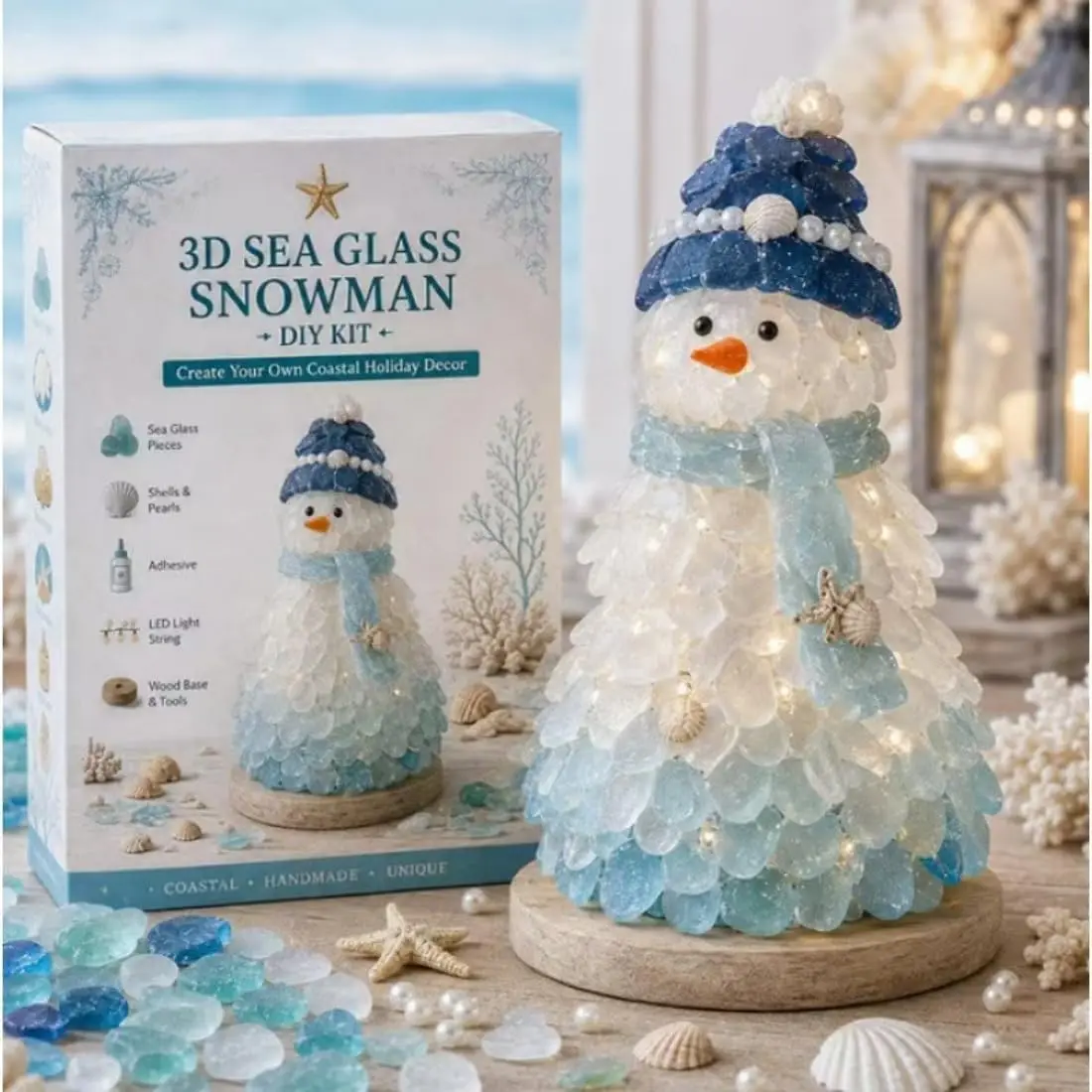 DIY Sea Glass Art Kit with LED Lights, DIY Coastal Decor| Layer sea glass, shells & pearls into a glowing with warm LED lights