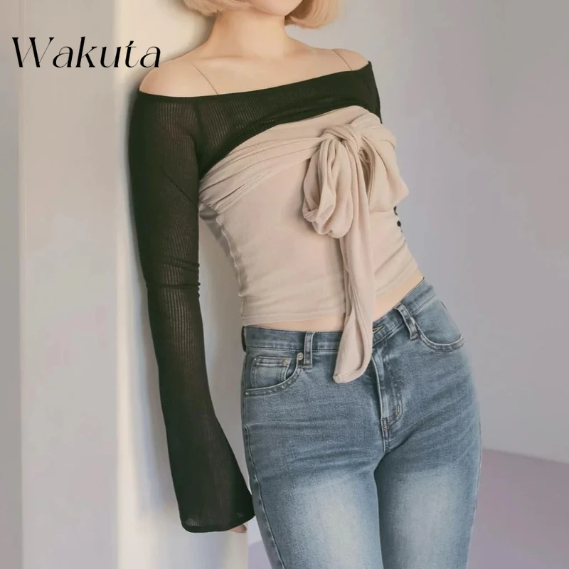 WAKUTA 2025 Spring/summer New Japanese Niche Bow Tie Strap Camisole Vest Long Sleeved Two-piece Set Harajuku Retro Top ブラウス シフォン