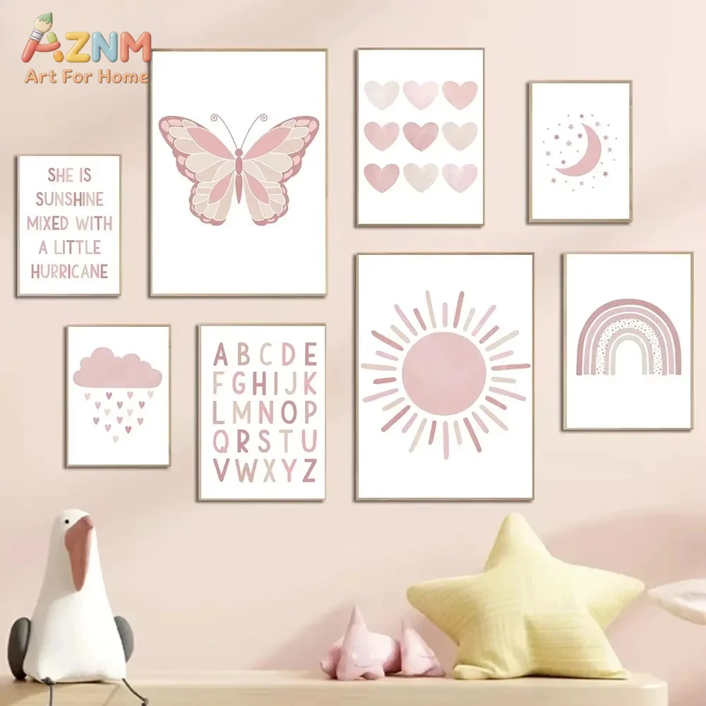 1PC,Pink Sun Heart Rainbow Butterfly Posters Canvas Painting Cloud Moon Wall Art Print Pictures Nursery Poster Room Decor