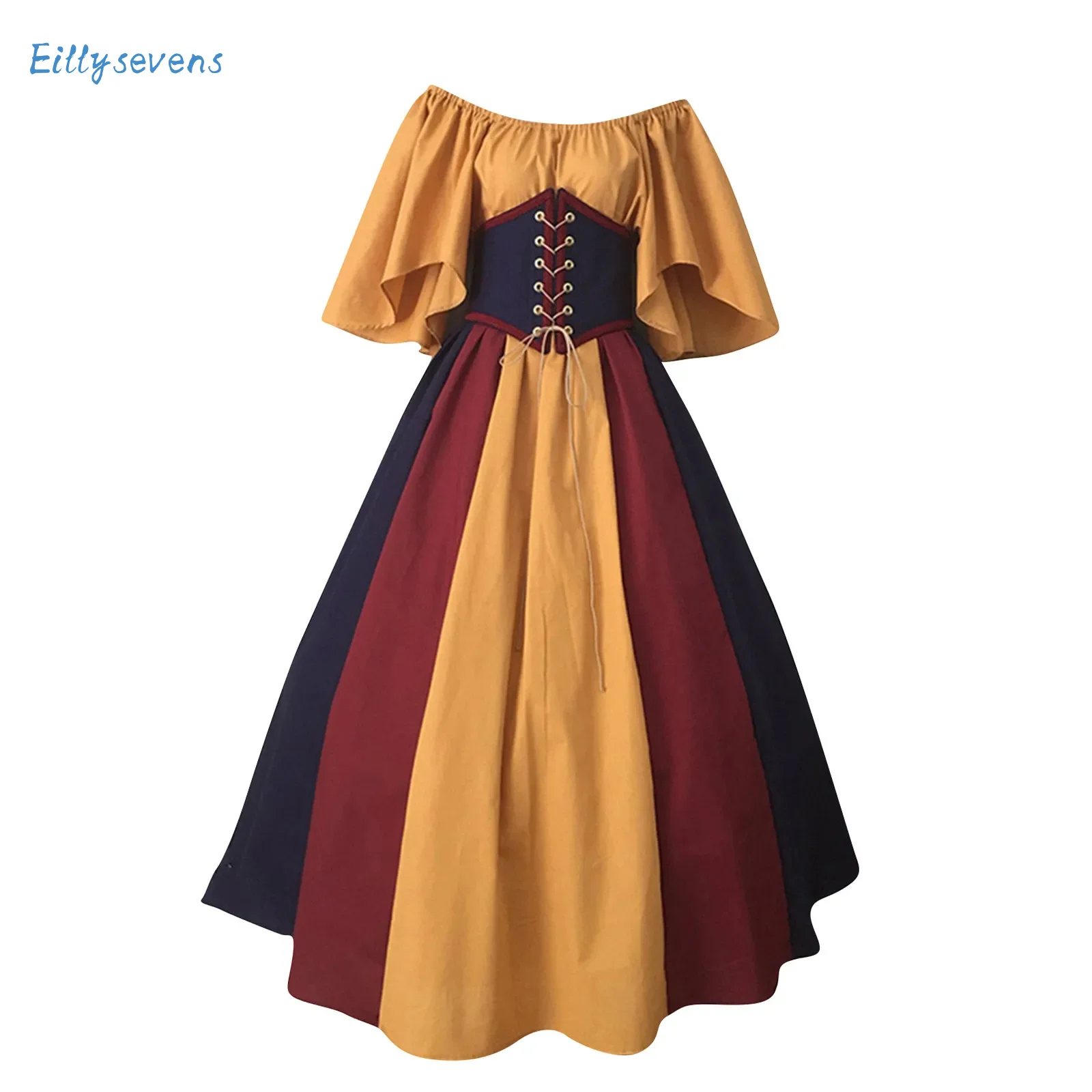 Women'S One Shoulder Dresses Fashion Trend Retro Palace Style Collision Slim Fit Flying Sleeve Flowy Big Hem Dresses